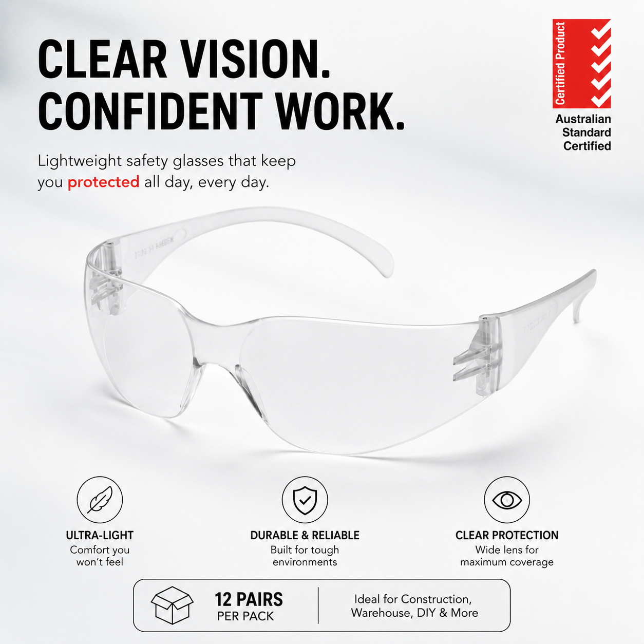 Gripking Classic Safety Glasses Clear - 12 Pack with Free Shipping